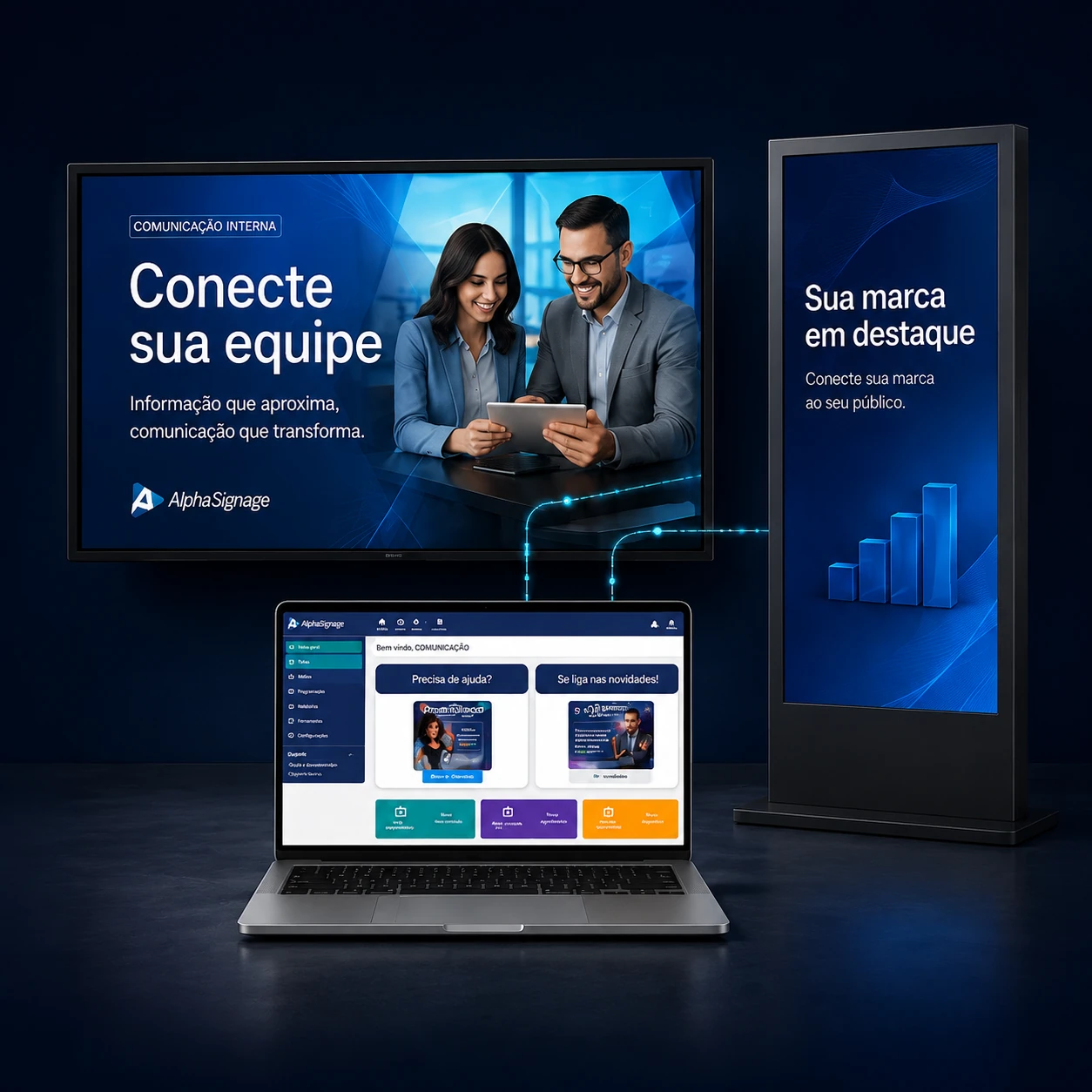 Ilustração de uma TV corporativa, um painel OOH e um computador com o gerenciador AlphaSignage